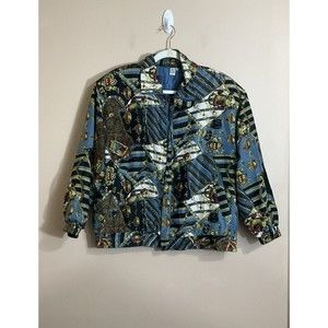 Vintage Fuda International Womens 100% Silk Jacket Size Small Blue Chains Crowns